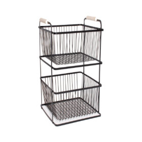 Mania Potato and Onion Two-Tiered Black Square Basket with Wooden Handle 109350